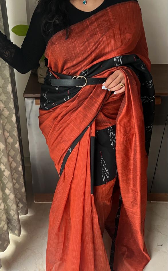 Brown and Black Ikkat Designer Cotton Saree | Swathi Nanda Sarees