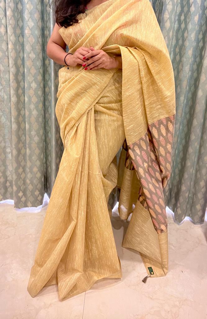 Grey and Cream Gold pochampally Ikkat Designer Saree | Swathi Nanda Sarees