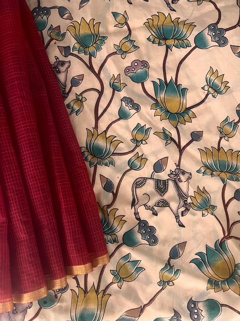 Cream and Maroon Cotton Designer Kalamkari Saree | Swathi Nanda Sarees