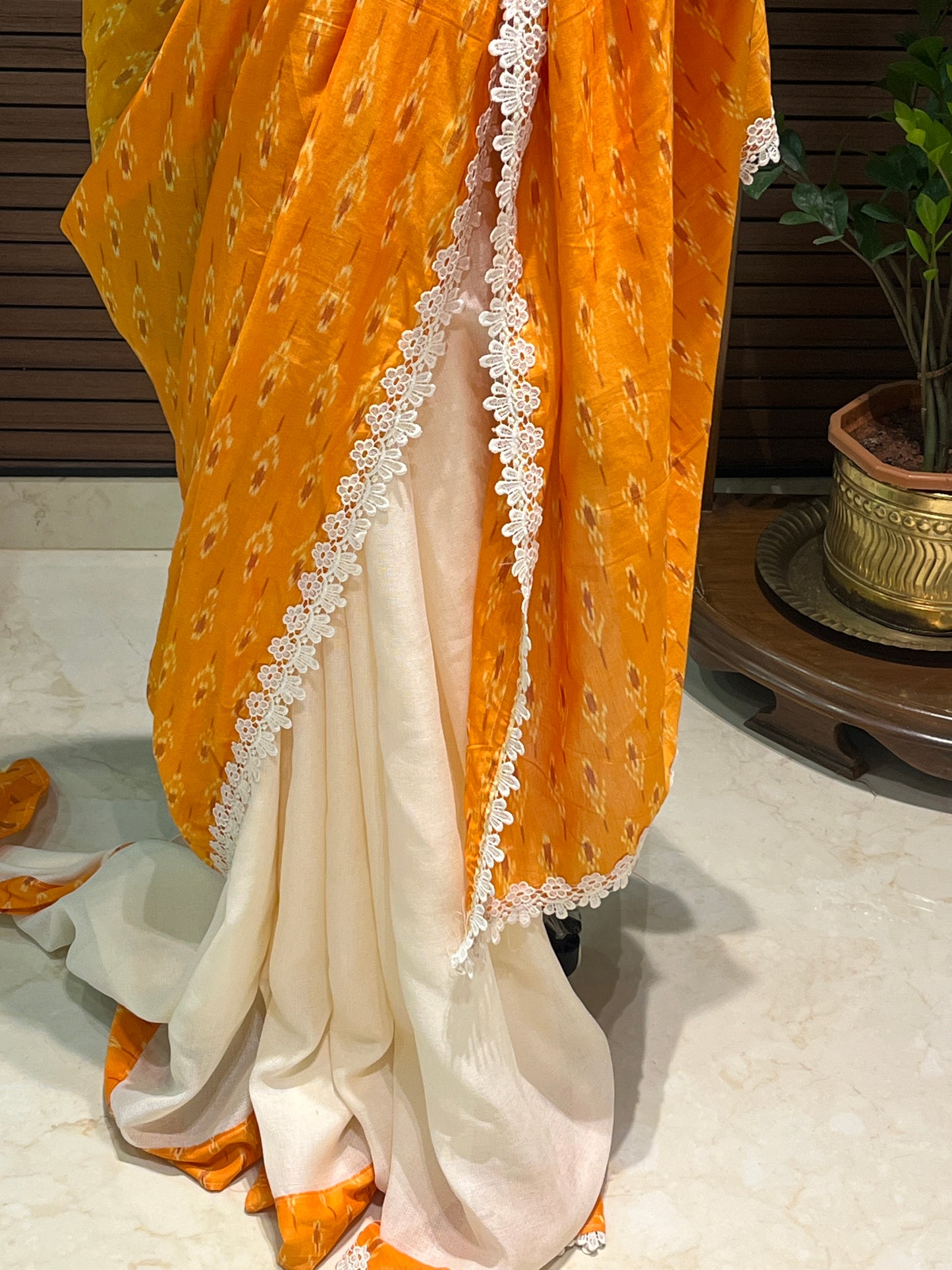 Cream and Orange Ikkat Designer Cotton Saree | Swathi Nanda Sarees