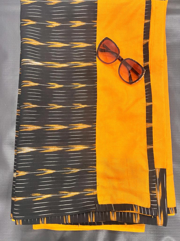 Mustard Yellow and Black Ikkath Saree | Swathi Nanda Sarees