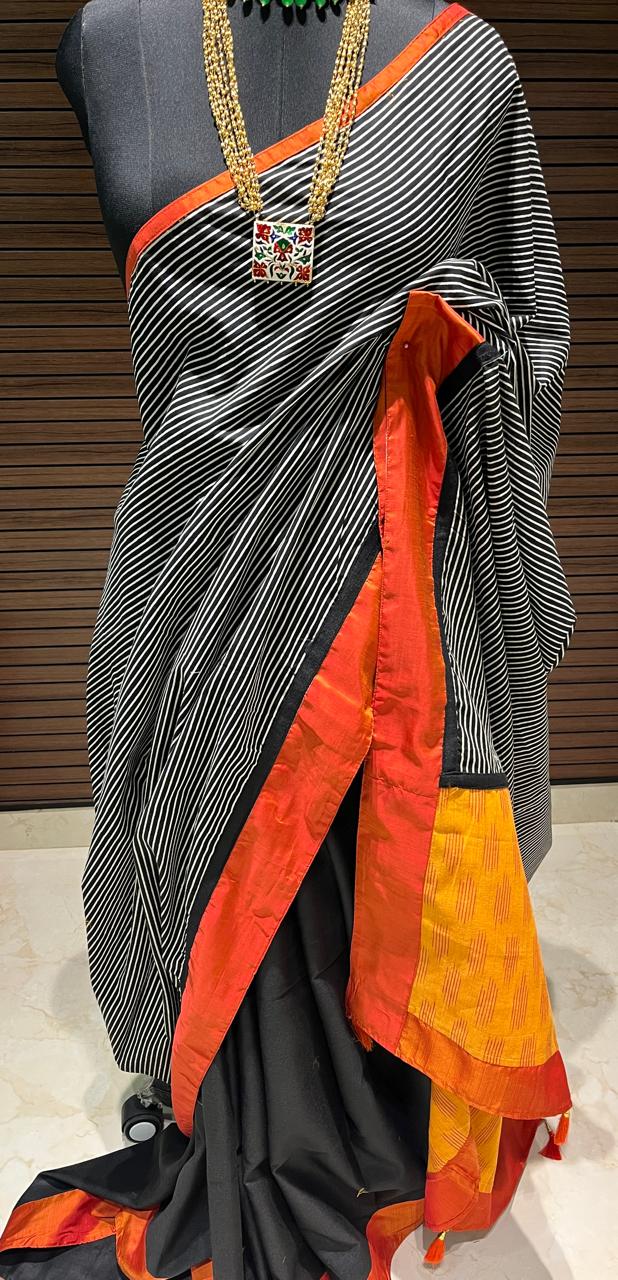 Black and White Ikkat Designer Cotton Saree | Swathi Nanda Sarees