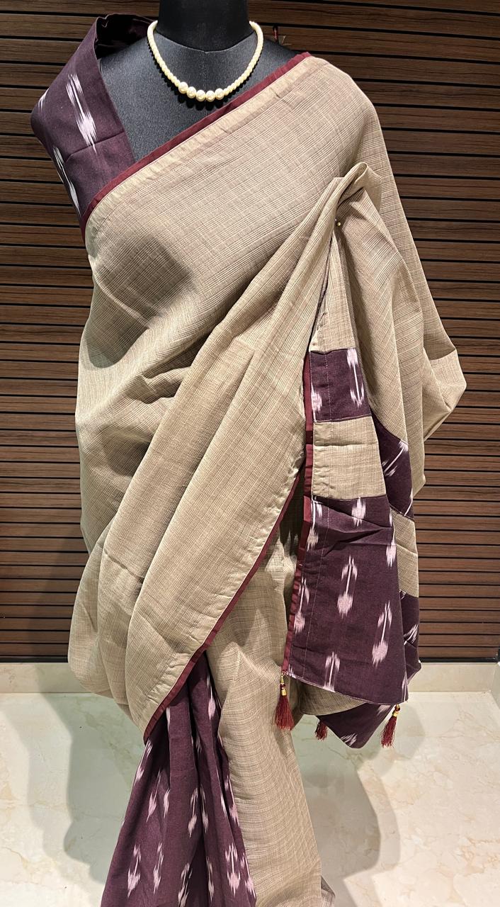 Grey Wine Ikkat Designer Cotton Saree | Swathi Nanda Sarees
