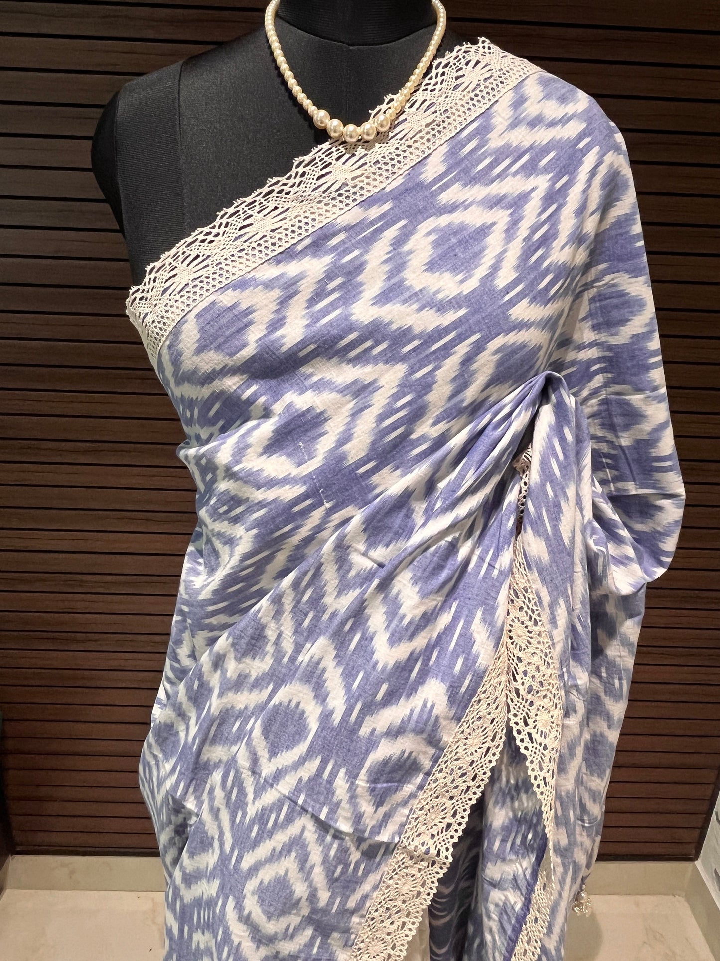 Cream and Blue Ikkat Designer Cotton Saree | Swathi Nanda Sarees