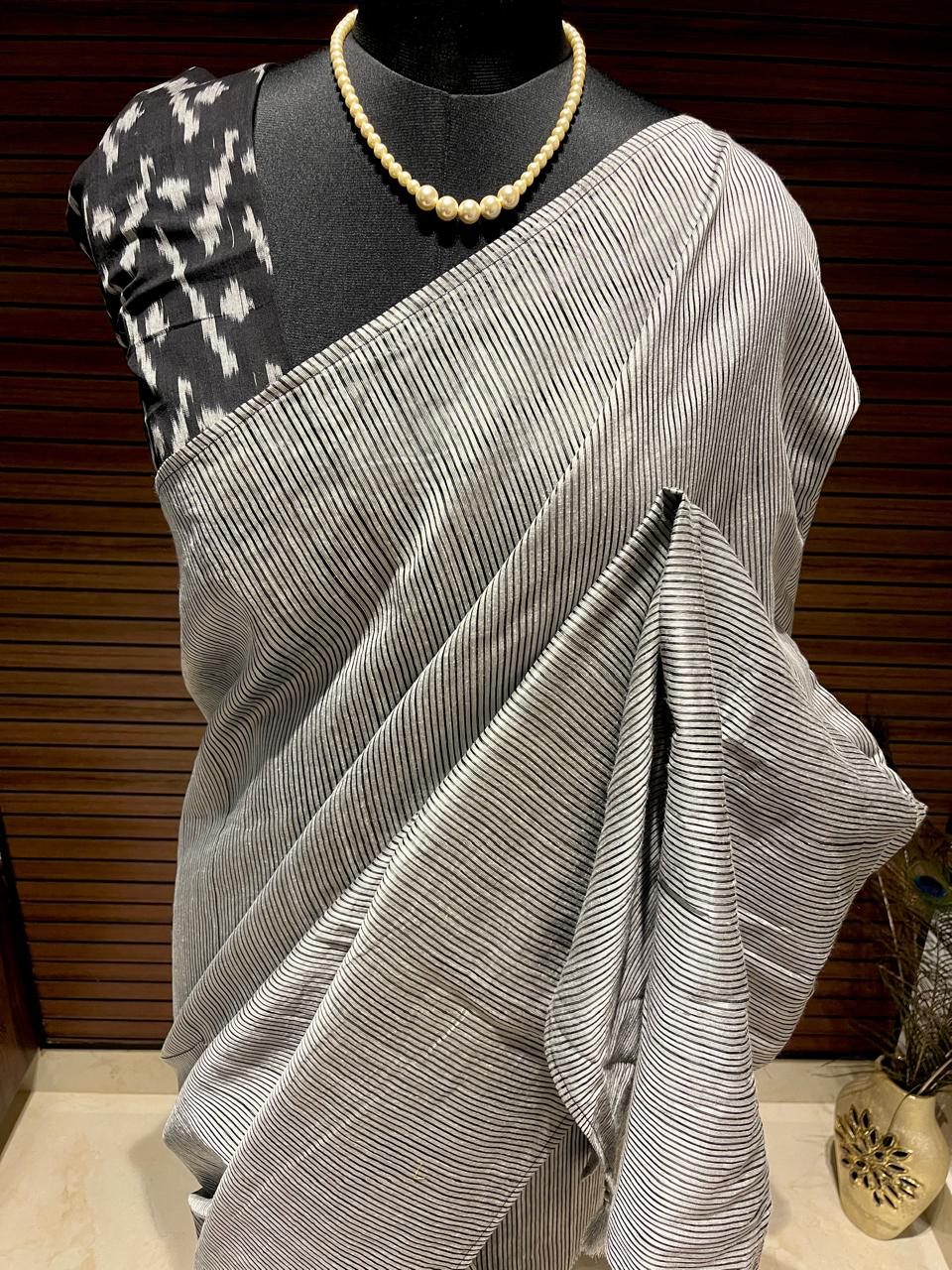 Grey stripes and Black Ikkath Saree | Swathi Nanda Sarees