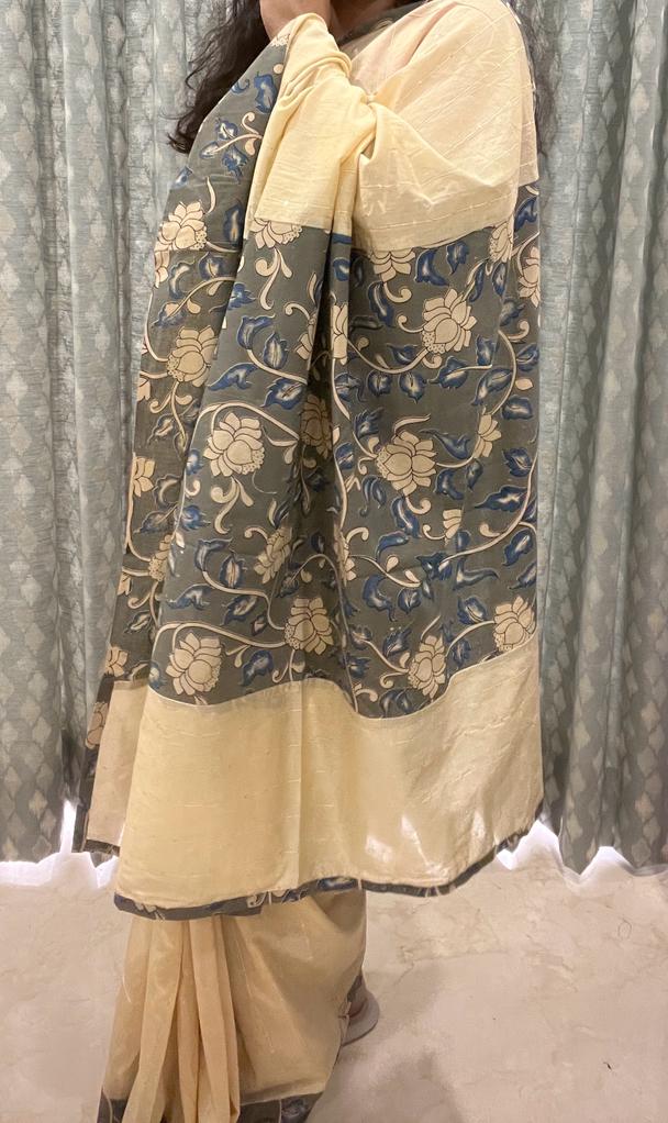 Cream and Grey Cotton Designer Kalamkari Saree | Swathi Nanda Sarees