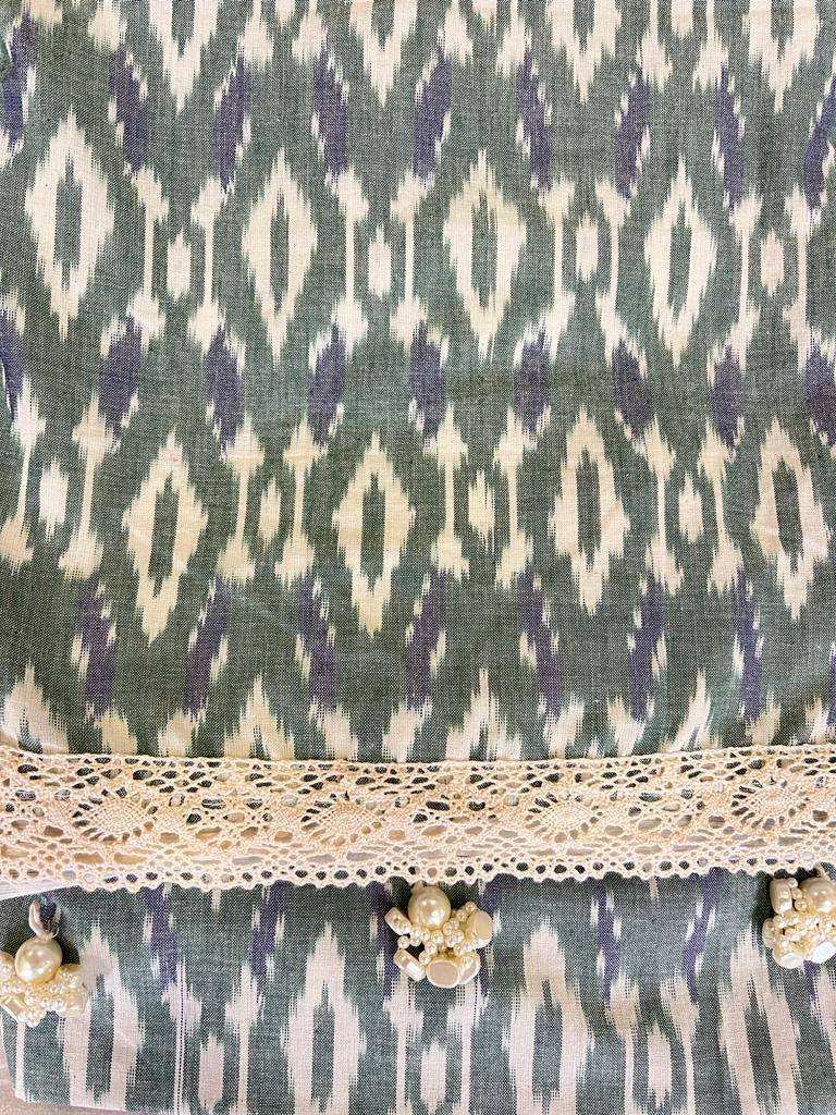 Cream and Green Ikkat Designer Cotton Saree | Swathi Nanda Sarees