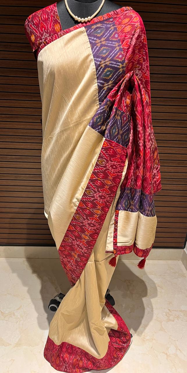 Cream and red pochampally Ikkat Designer Saree | Swathi Nanda Sarees