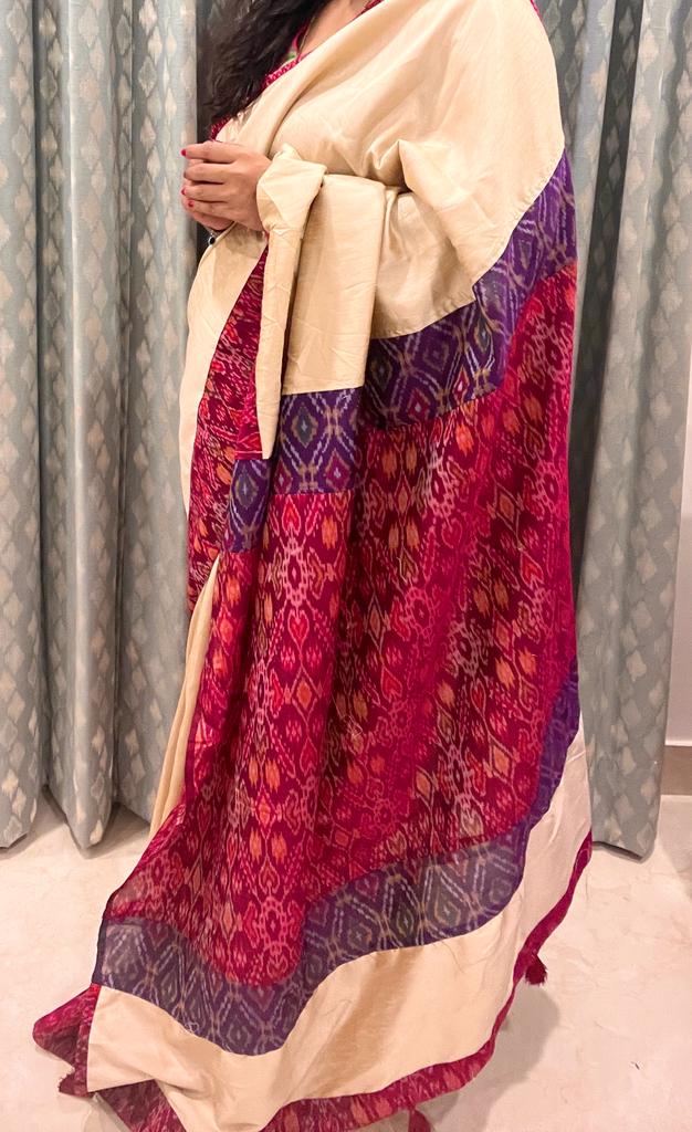 Cream and red pochampally Ikkat Designer Saree | Swathi Nanda Sarees