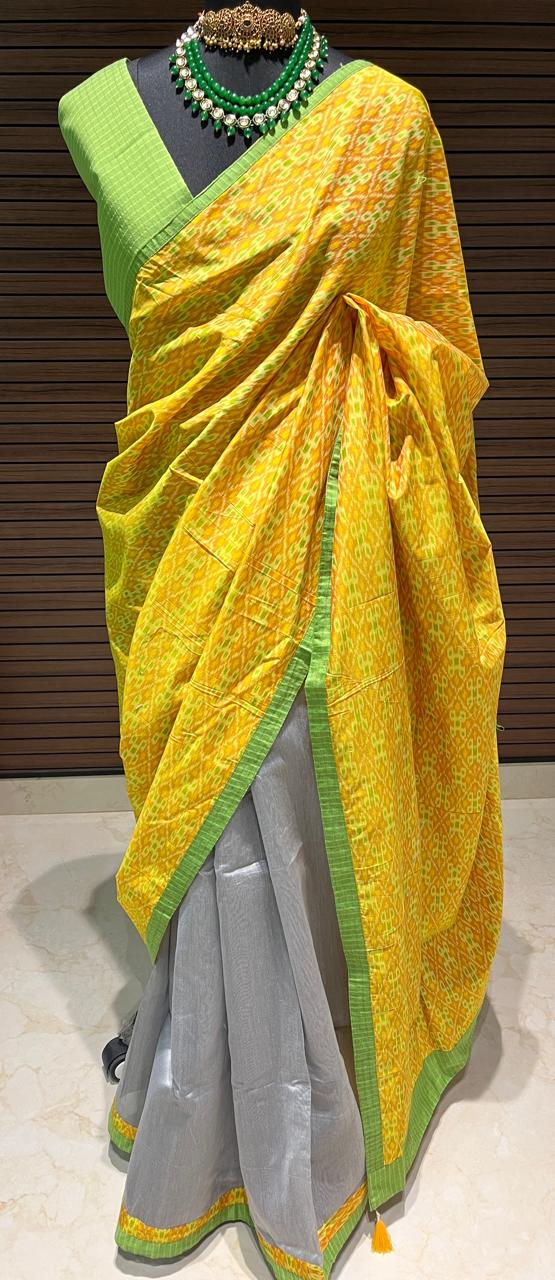 Grey and Yellow Ikkat Designer Cotton Saree | Swathi Nanda Sarees