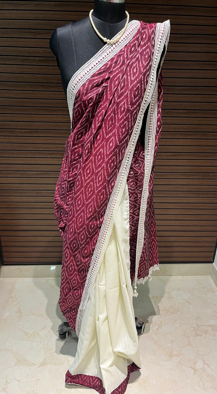 Cream and wine maroon Ikkat Designer Cotton Saree | Swathi Nanda Sarees