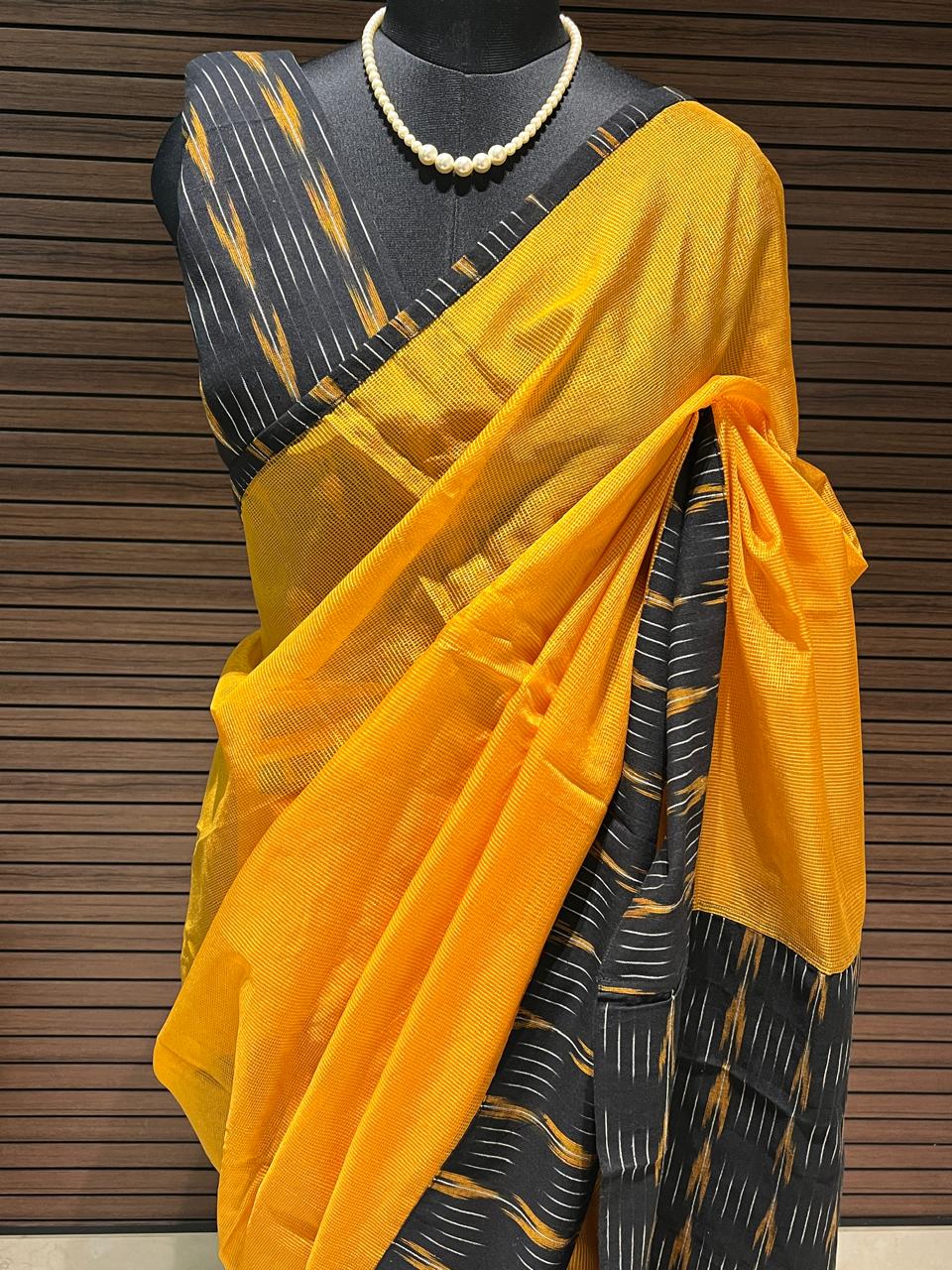 Mustard Yellow and Black Ikkath Saree | Swathi Nanda Sarees