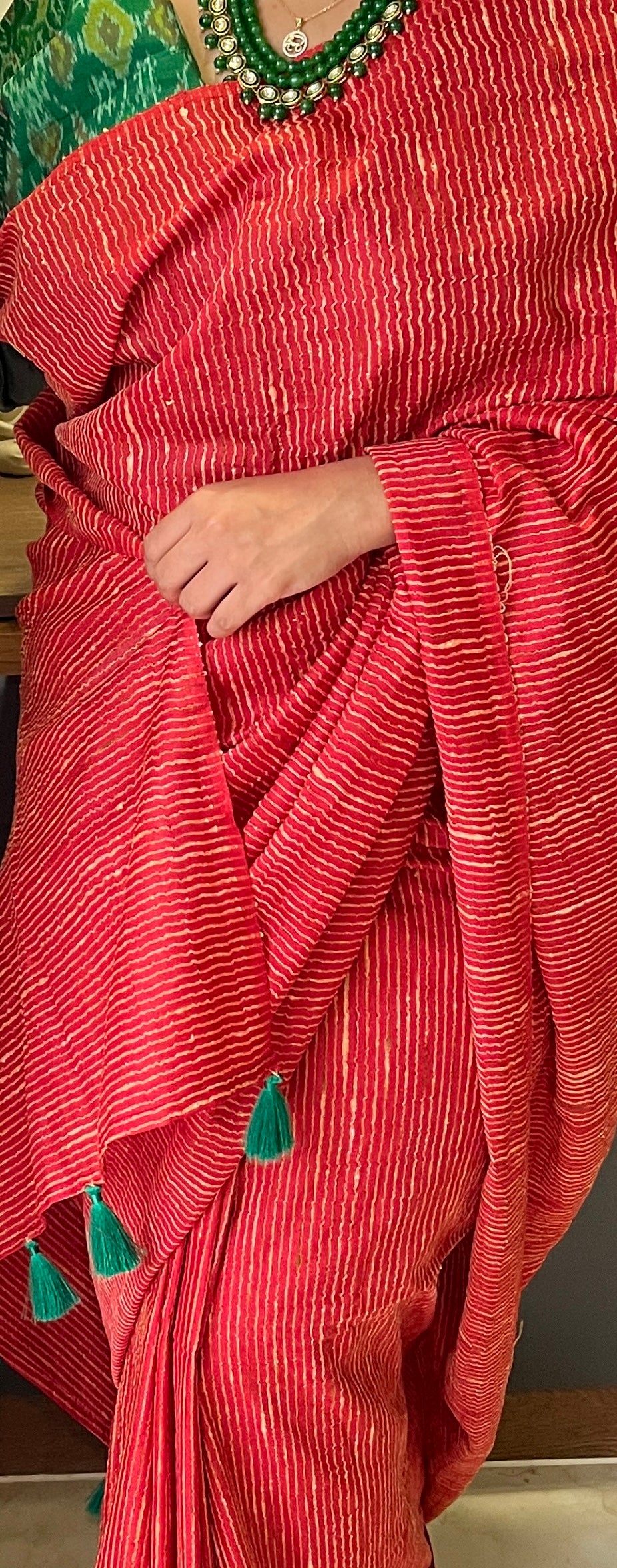 Red Semi Tussar Saree with pochampally Ikkat Blouse | Swathi Nanda Sarees