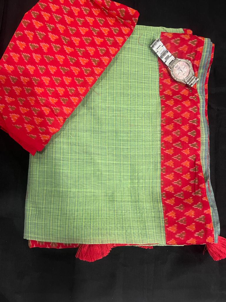 Mint Green and Red Ikkath Saree | Swathi Nanda Sarees