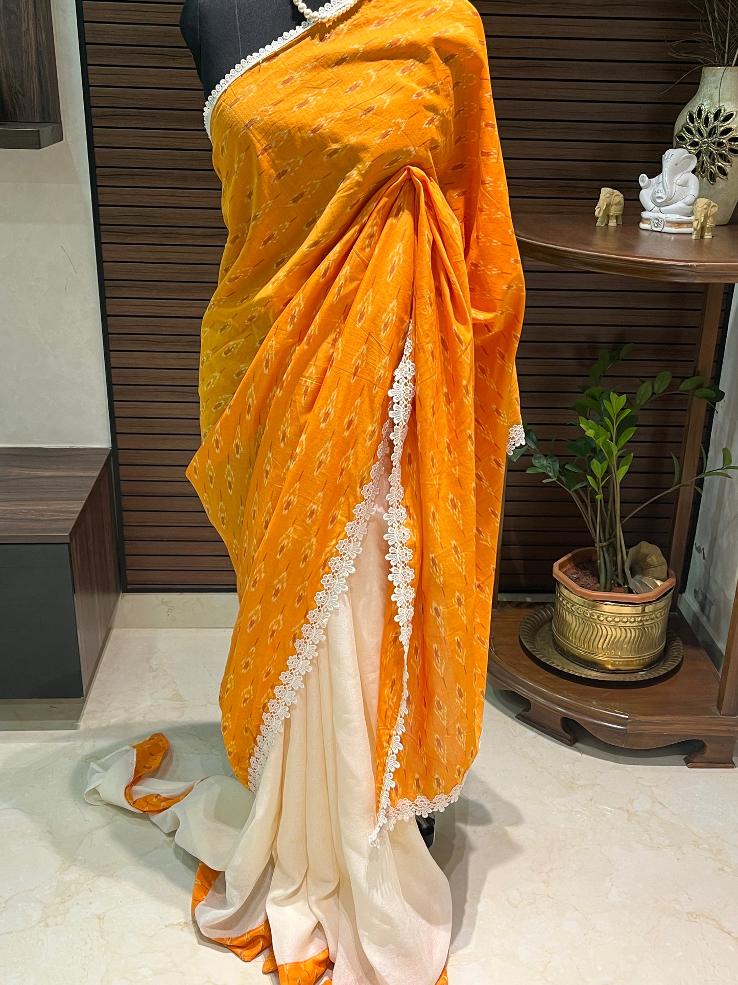 Cream and Orange Ikkat Designer Cotton Saree | Swathi Nanda Sarees