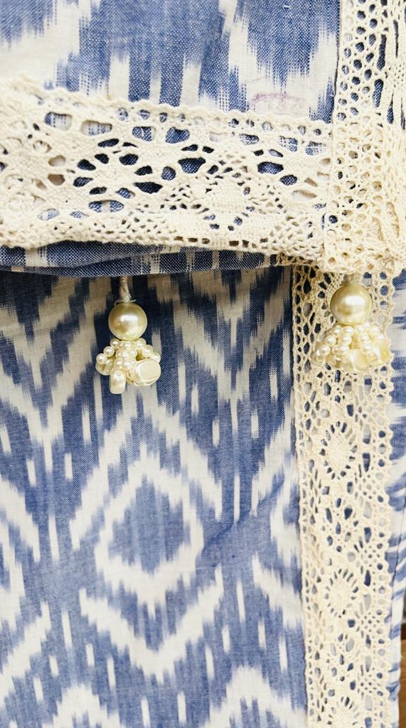 Cream and Blue Ikkat Designer Cotton Saree | Swathi Nanda Sarees