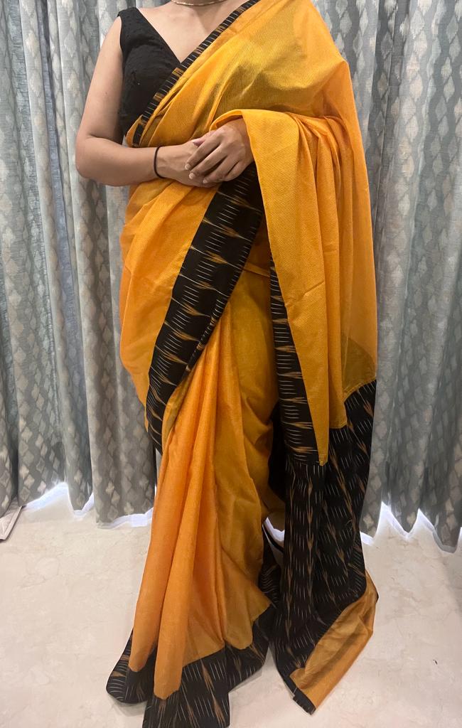 Mustard Yellow and Black Ikkath Saree | Swathi Nanda Sarees