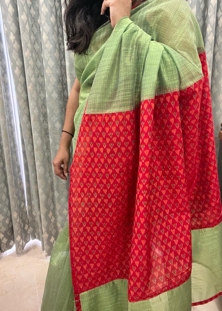 Mint Green and Red Ikkath Saree | Swathi Nanda Sarees
