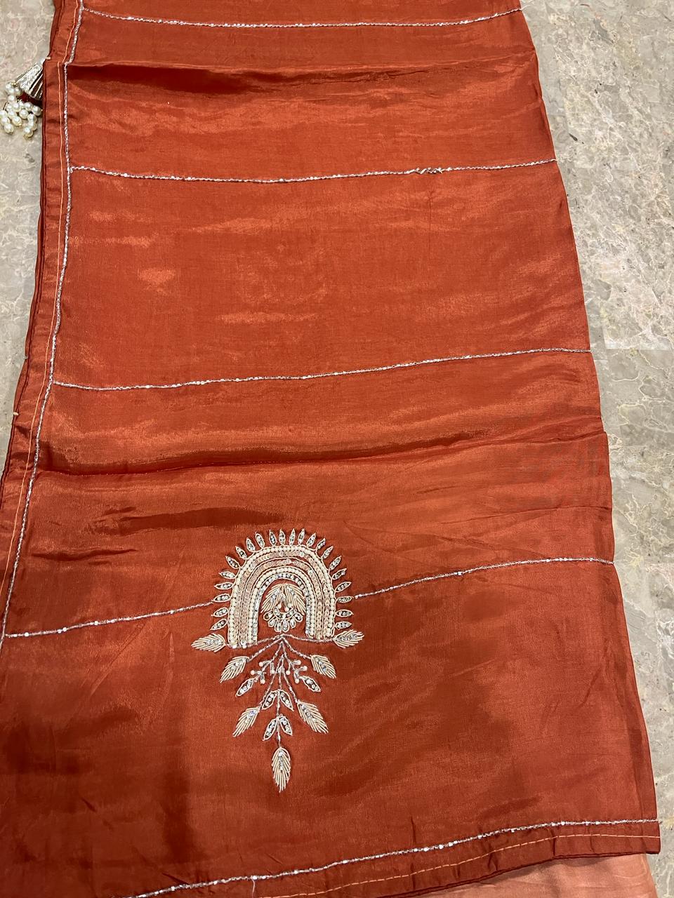 Sara Rust Orange Embroided Saree | Swathi Nanda Sarees