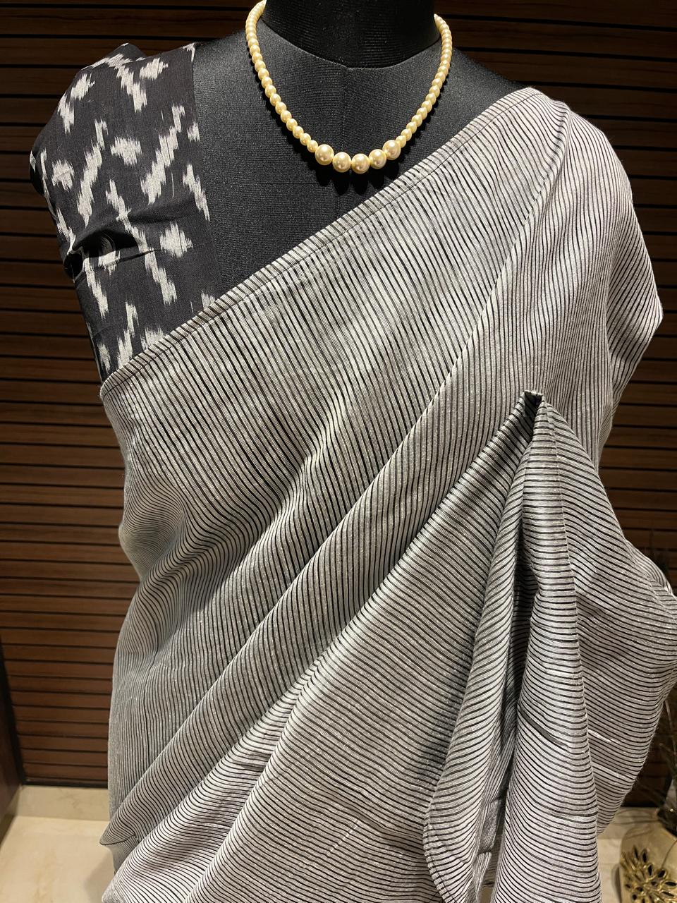 Grey stripes and Black Ikkath Saree | Swathi Nanda Sarees