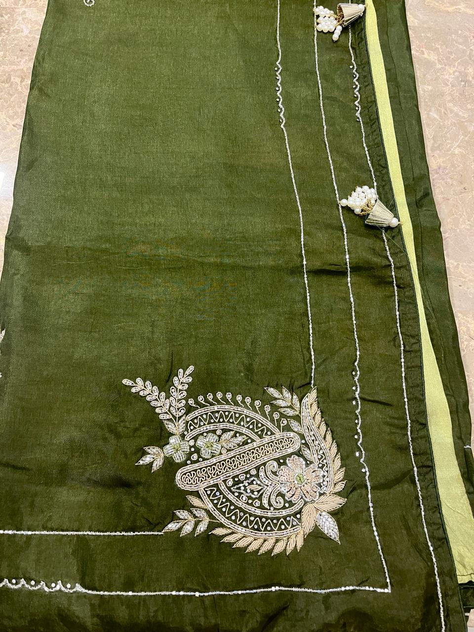 Sara Mehendi Green Embroided Saree | Swathi Nanda Sarees