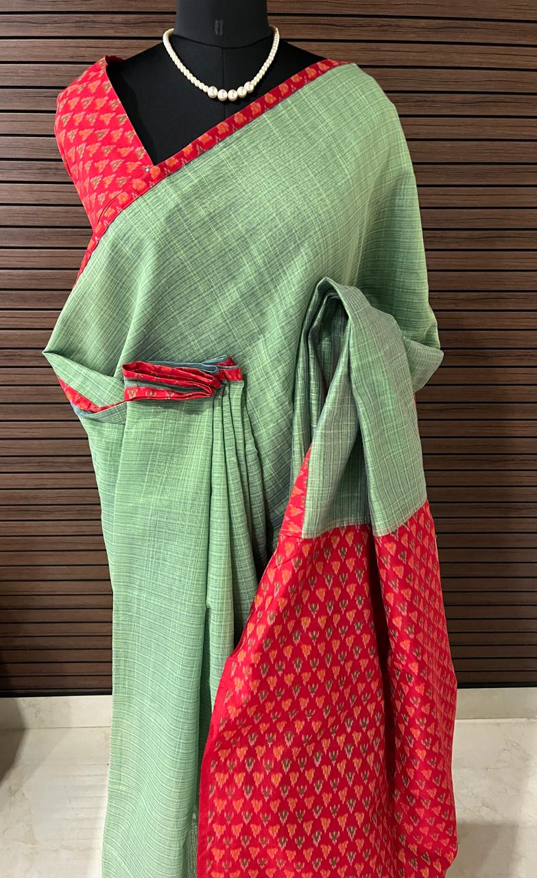 Mint Green and Red Ikkath Saree | Swathi Nanda Sarees