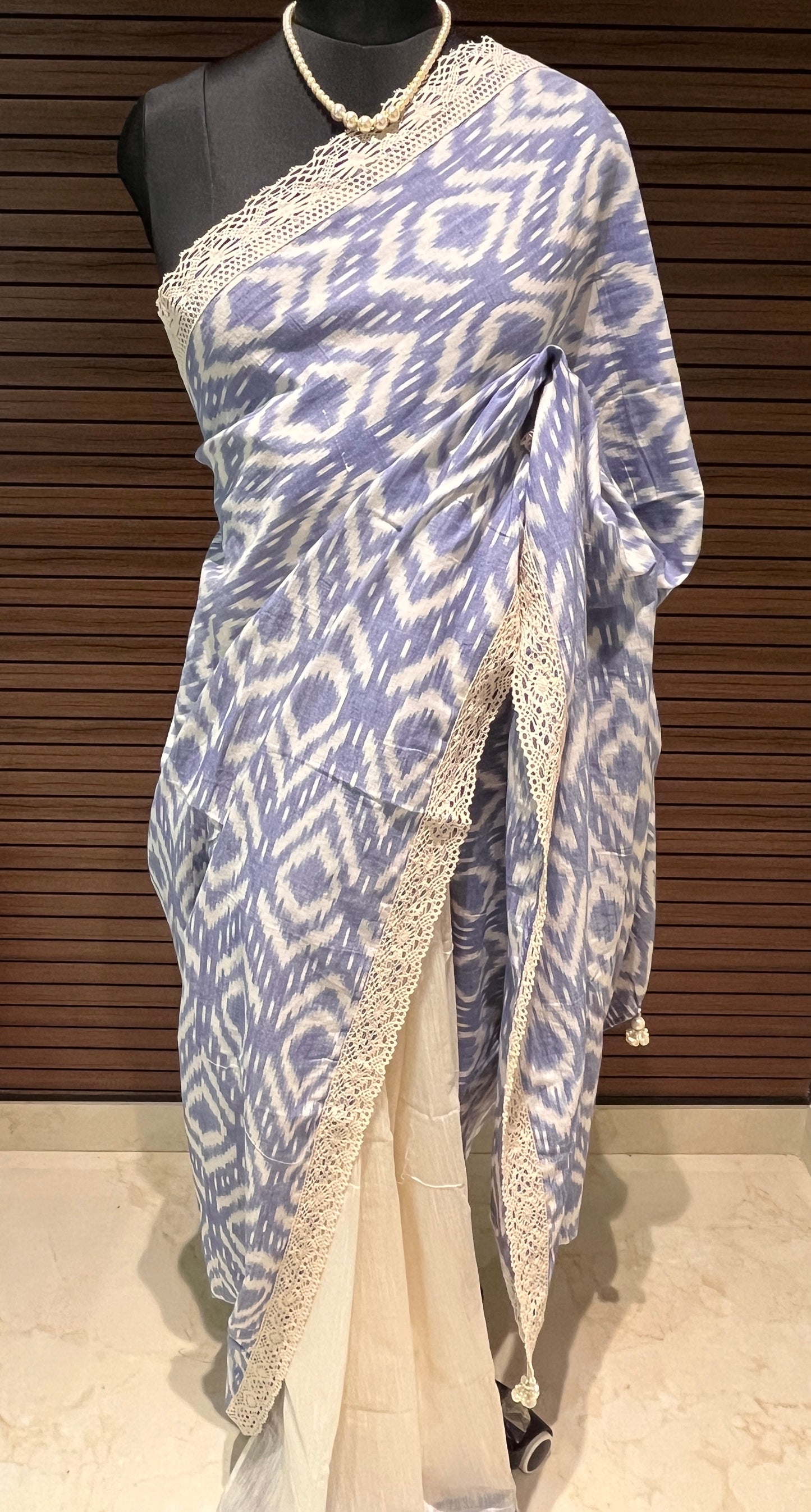 Cream and Blue Ikkat Designer Cotton Saree | Swathi Nanda Sarees