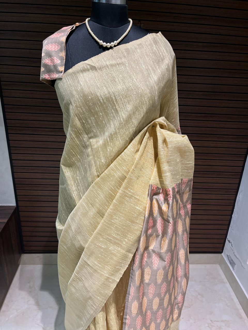 Grey and Cream Gold pochampally Ikkat Designer Saree | Swathi Nanda Sarees