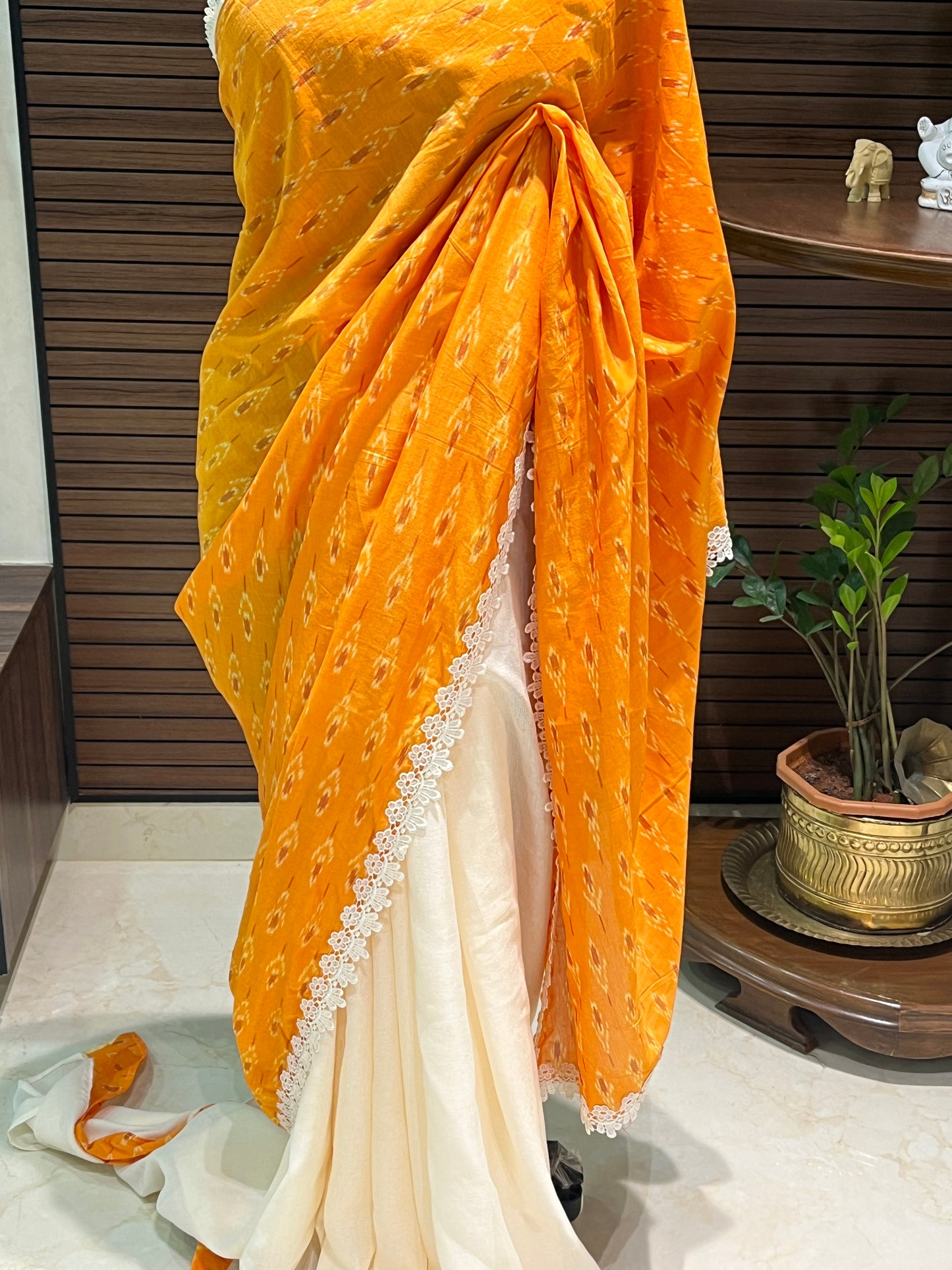 Cream and Orange Ikkat Designer Cotton Saree | Swathi Nanda Sarees