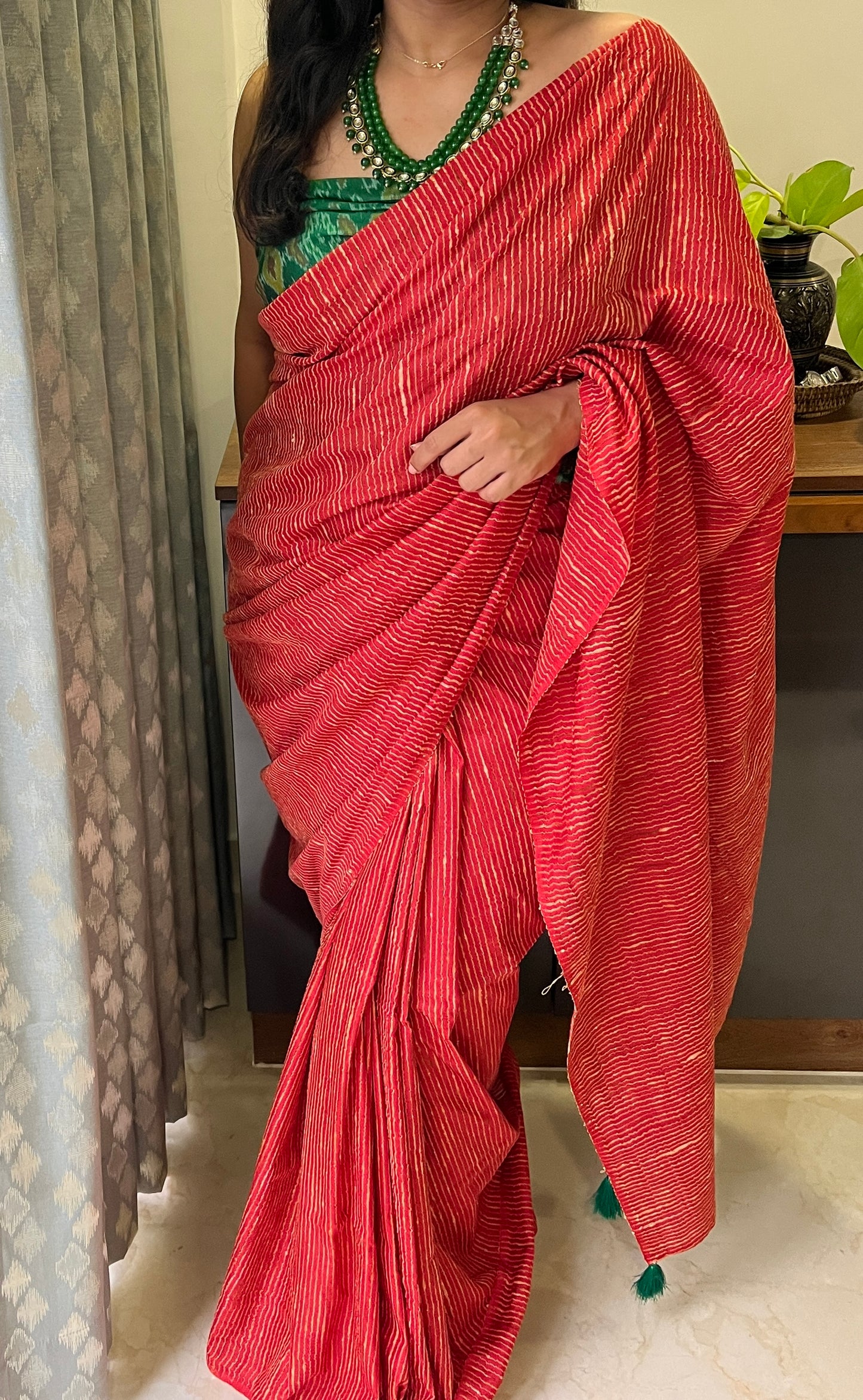 Red Semi Tussar Saree with pochampally Ikkat Blouse | Swathi Nanda Sarees