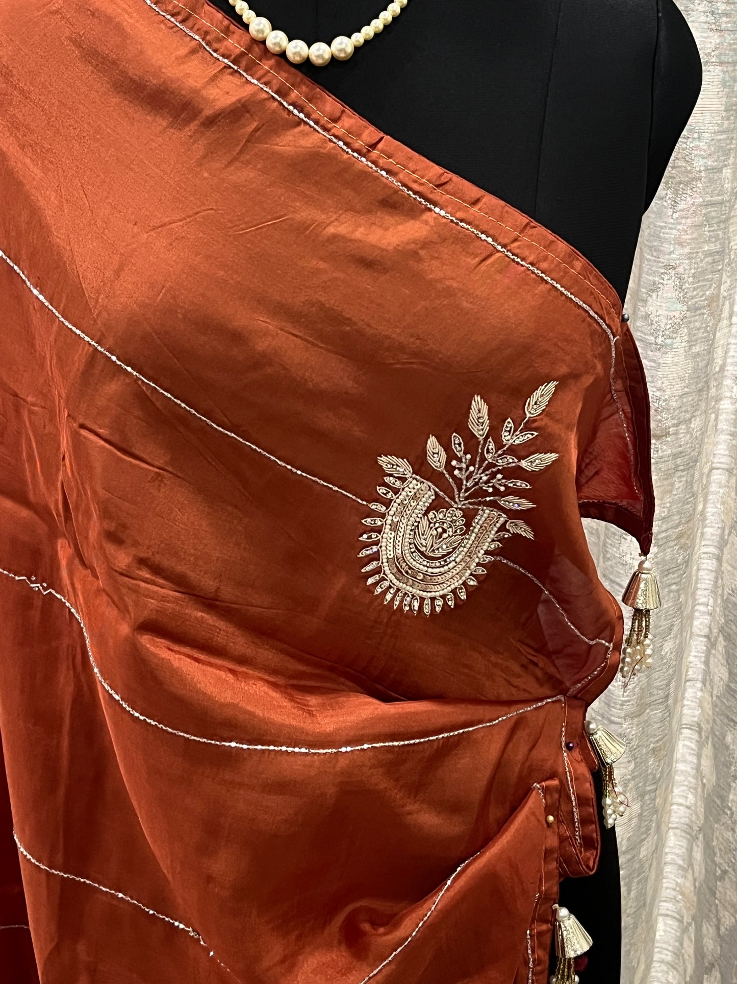 Sara Rust Orange Embroided Saree | Swathi Nanda Sarees