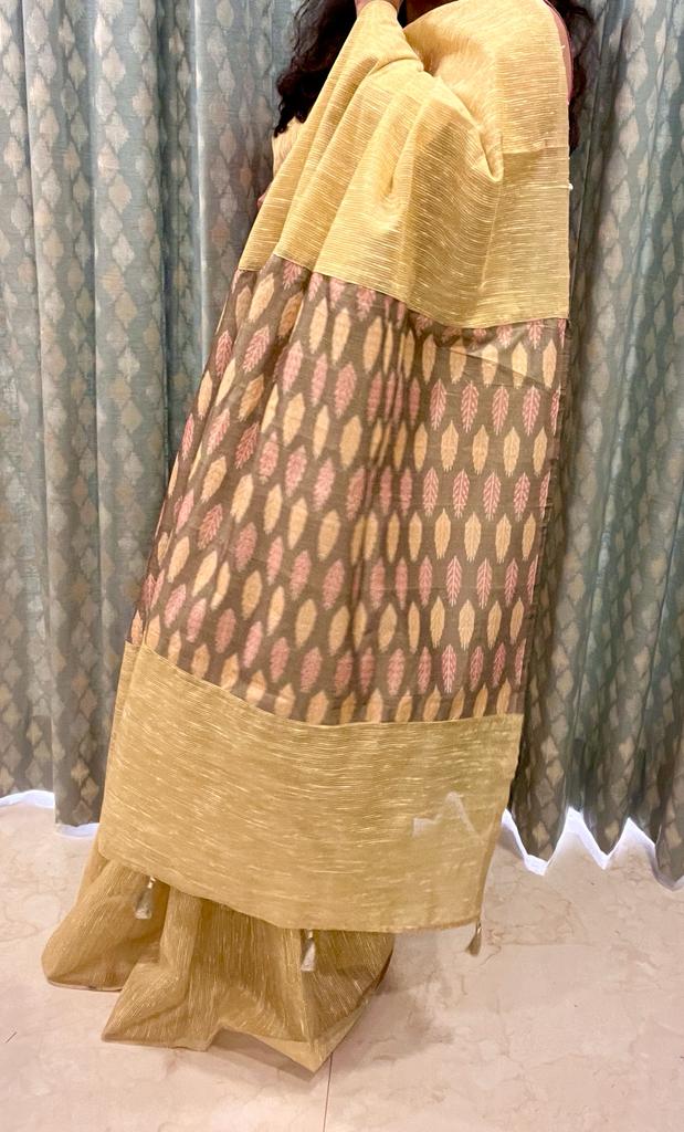 Grey and Cream Gold pochampally Ikkat Designer Saree | Swathi Nanda Sarees