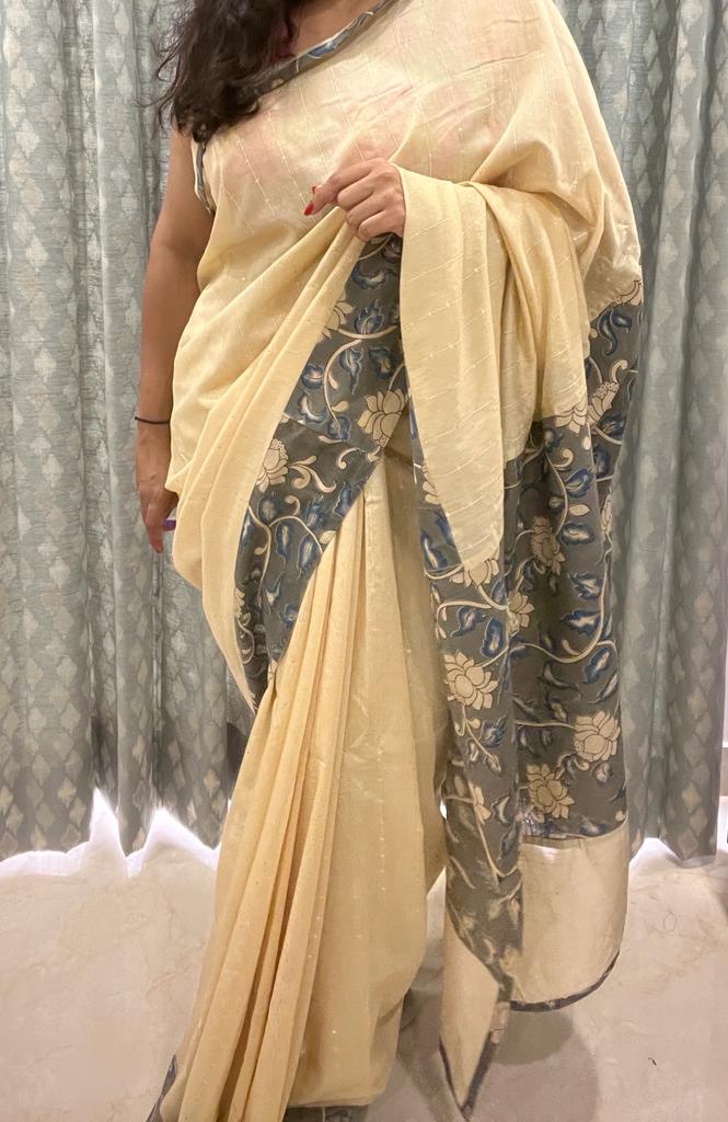Cream and Grey Cotton Designer Kalamkari Saree | Swathi Nanda Sarees