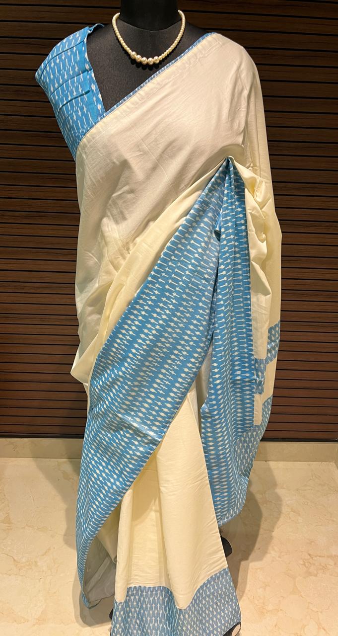 Cream Blue Ikkat Designer Silk Cotton Saree | Swathi Nanda Sarees