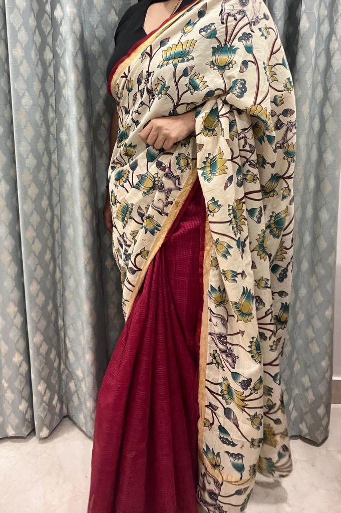 Cream and Maroon Cotton Designer Kalamkari Saree | Swathi Nanda Sarees