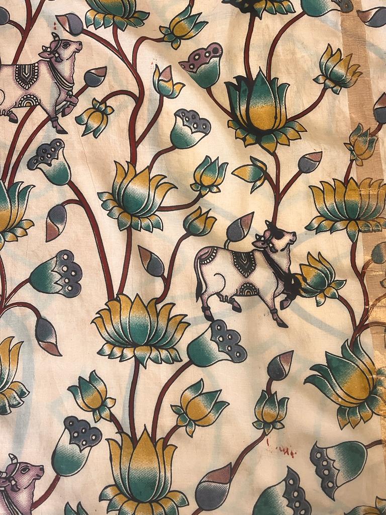 Cream and Maroon Cotton Designer Kalamkari Saree | Swathi Nanda Sarees
