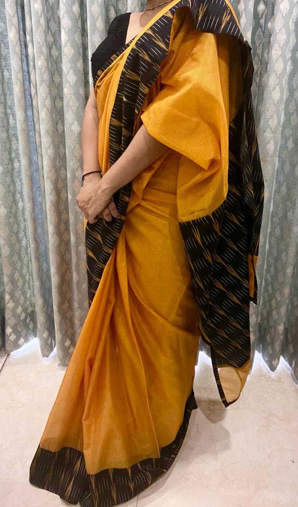 Mustard Yellow and Black Ikkath Saree | Swathi Nanda Sarees