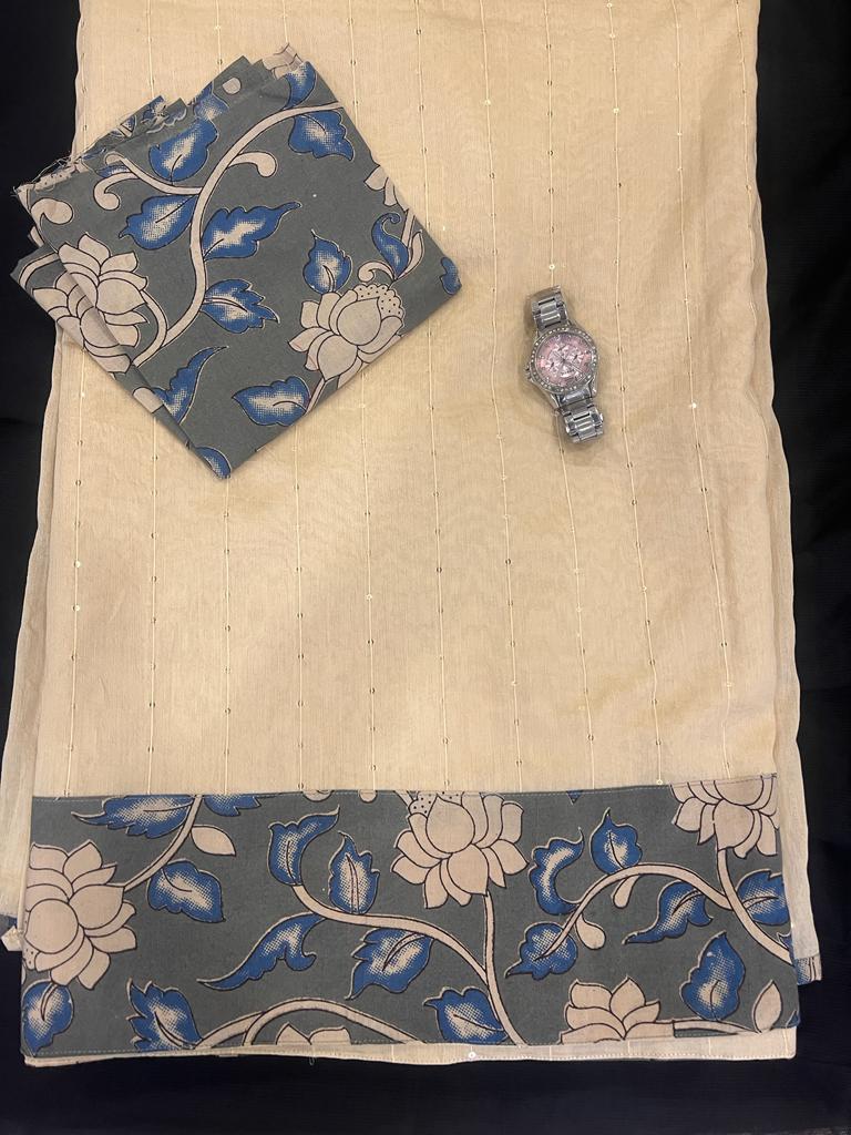Cream and Grey Cotton Designer Kalamkari Saree | Swathi Nanda Sarees