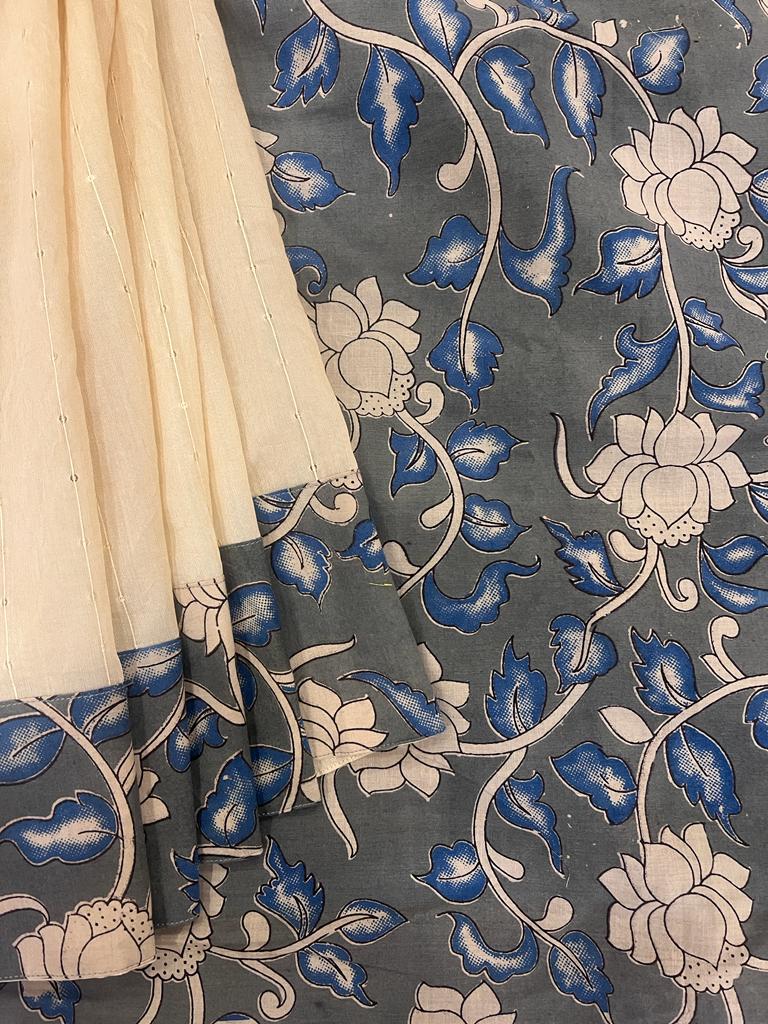 Cream and Grey Cotton Designer Kalamkari Saree | Swathi Nanda Sarees