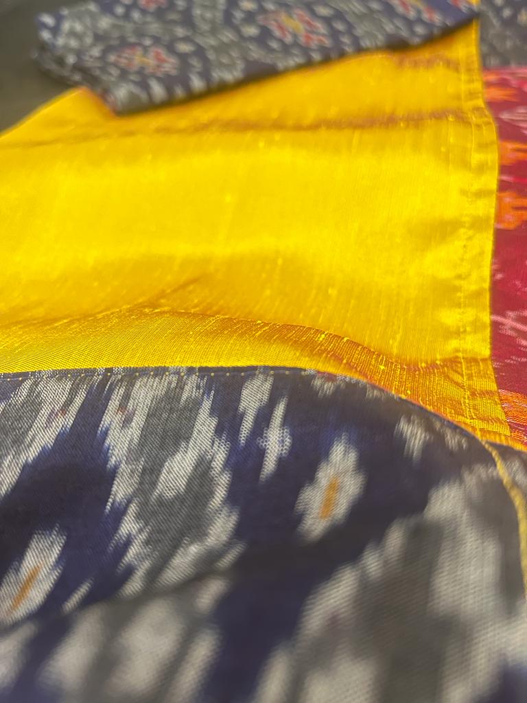 Yellow and Blue pochampally Ikkat Designer Saree | Swathi Nanda Sarees