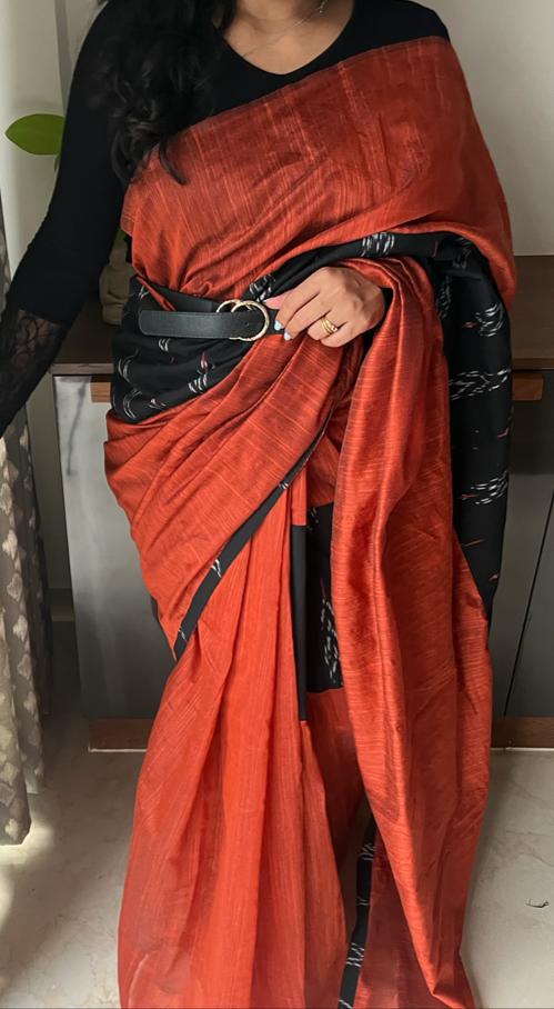 Brown and Black Ikkat Designer Cotton Saree | Swathi Nanda Sarees