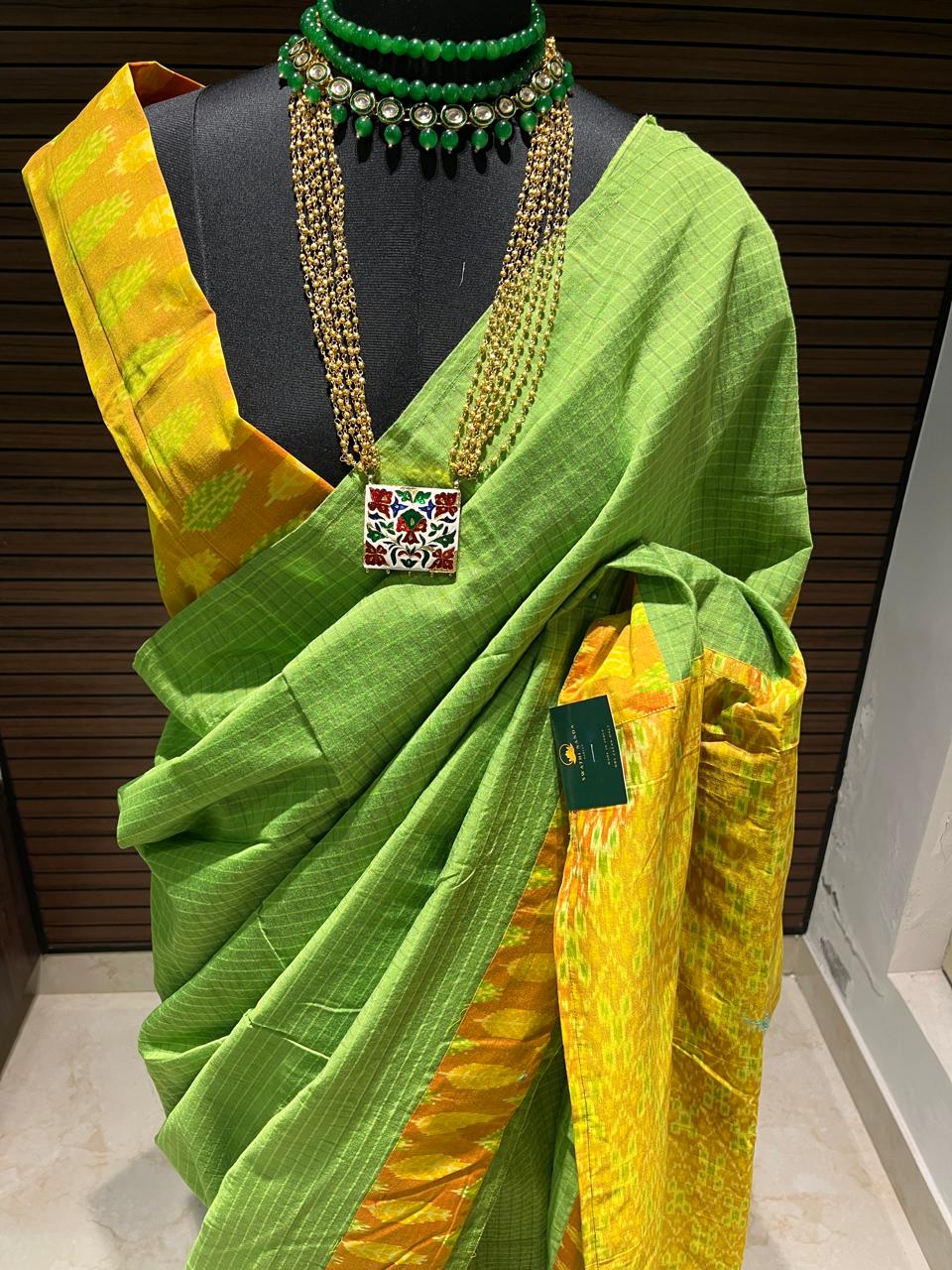 Yellow and Green Ikkat Designer Cotton Saree | Swathi Nanda Sarees