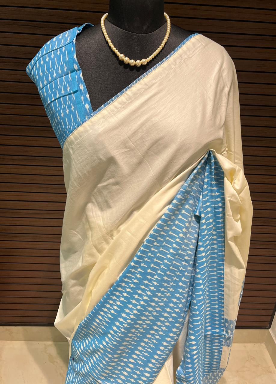 Cream Blue Ikkat Designer Silk Cotton Saree | Swathi Nanda Sarees