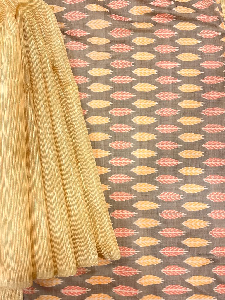 Grey and Cream Gold pochampally Ikkat Designer Saree | Swathi Nanda Sarees