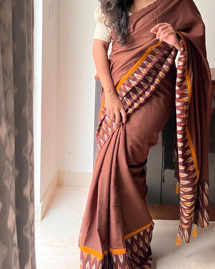 Brown Ikkat Designer Cotton Saree | Swathi Nanda Sarees