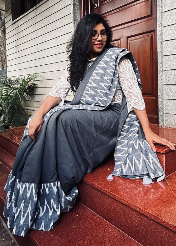 Grey Ikkat Designer Cotton Saree | Swathi Nanda Sarees