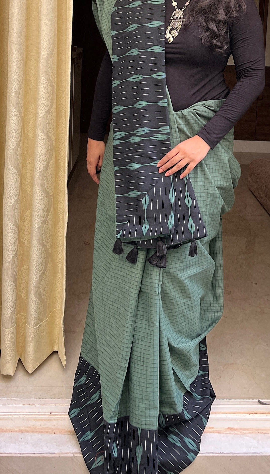 Teal Green Ikkath Saree | Swathi Nanda Sarees