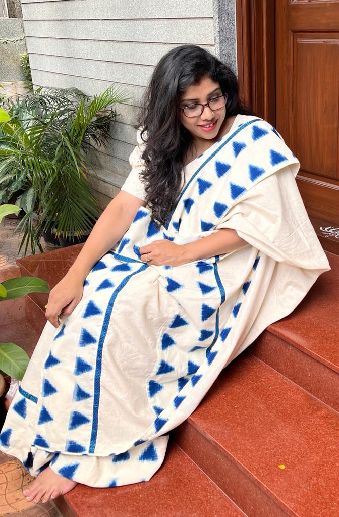White Ikkat Designer Cotton Saree | Swathi Nanda Sarees