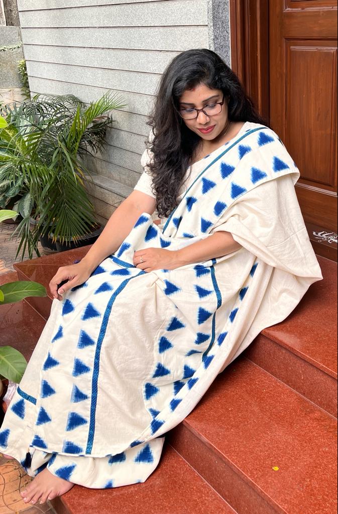 White Ikkat Designer Cotton Saree | Swathi Nanda Sarees