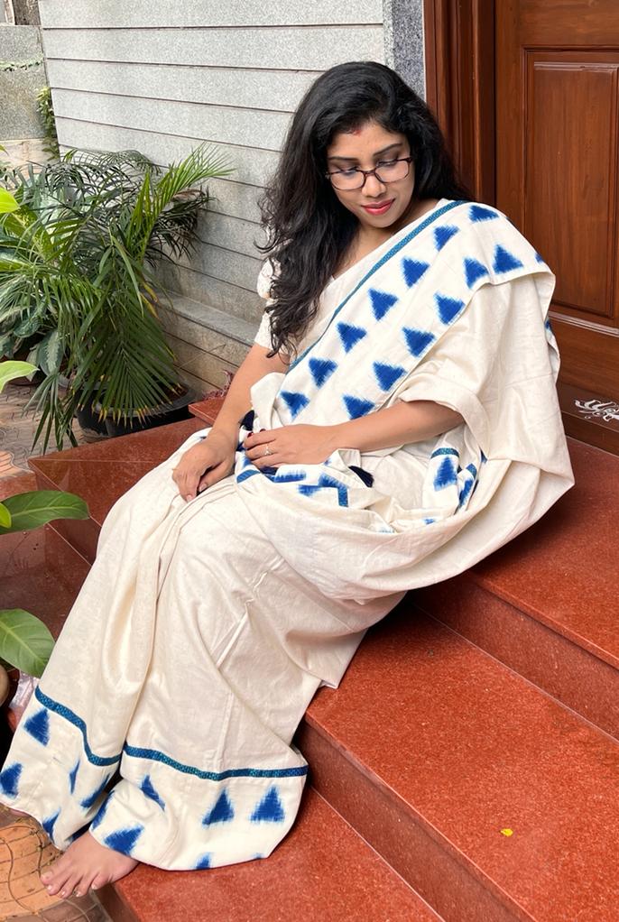 White Ikkat Designer Cotton Saree | Swathi Nanda Sarees